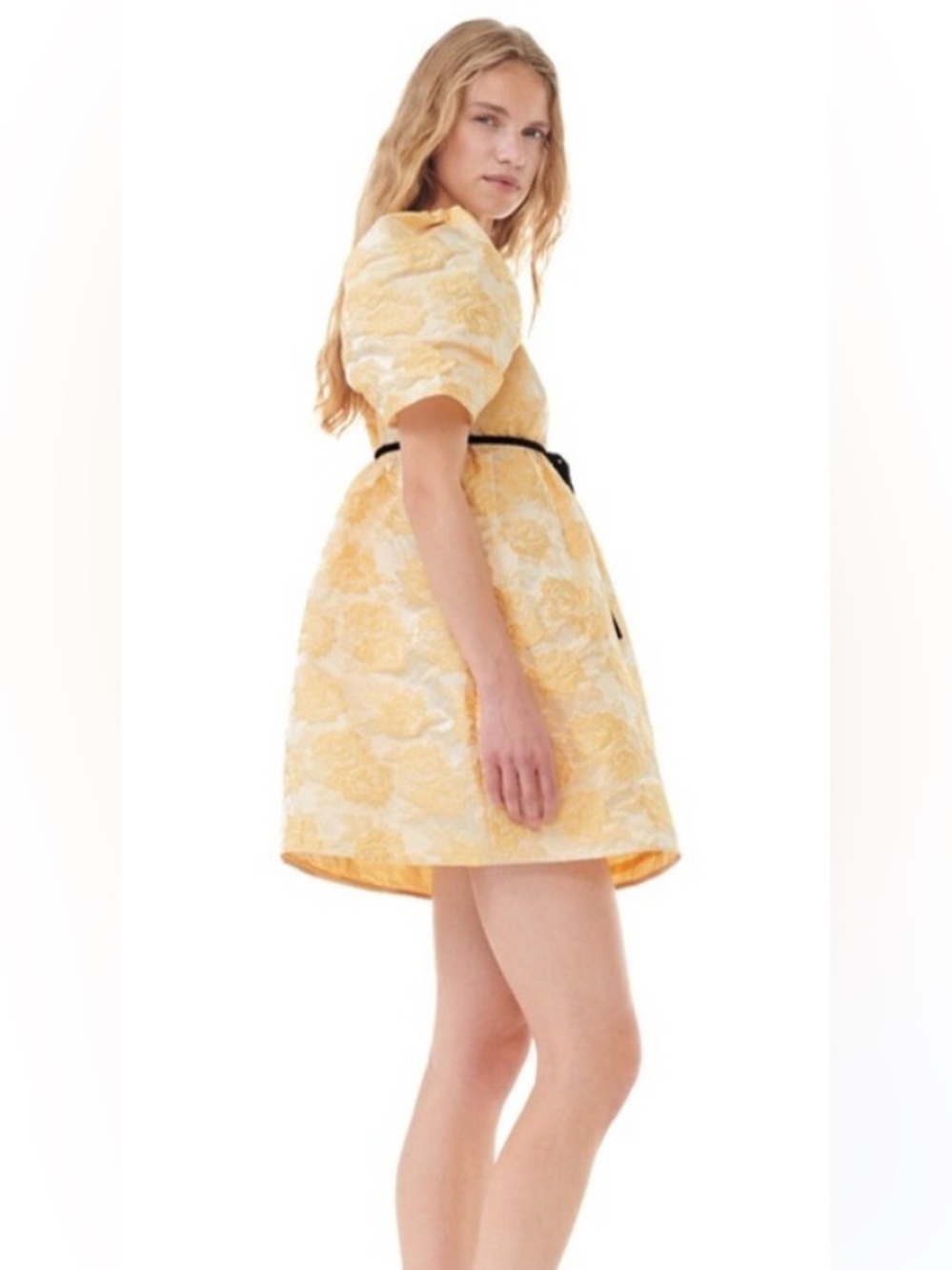 Ganni Cream Floral Textured Mini Dress with Black Tie